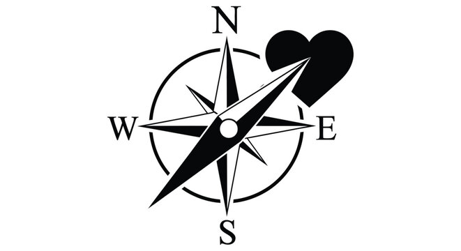 A black compass rose illustration points toward a black heart symbol