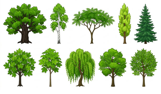 Cartoon Summer Tree Collection Vector Set with Oak Birch Acacia Poplar and Spruce Trees