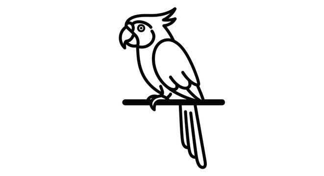Black line art parrot macaw sitting on wooden perch.