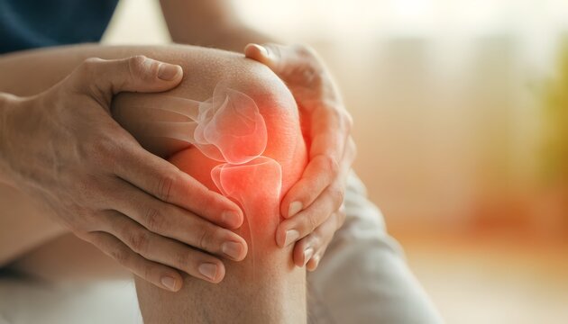 X-ray style knee joint inflammation and bone pain graphic. Joint replacement surgery and cartilage care concept. Person gripping inflamed leg with hands while resting.