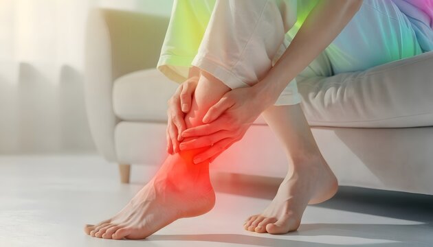 Severe ankle joint inflammation with glowing red area. Rheumatoid arthritis and sports injury recovery. Person massaging a sore painful ankle while resting on a couch