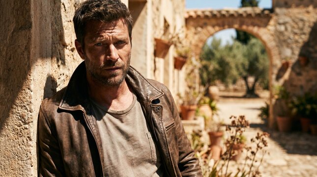 Portrait of a bearded handsome man standing in a rustic european village
