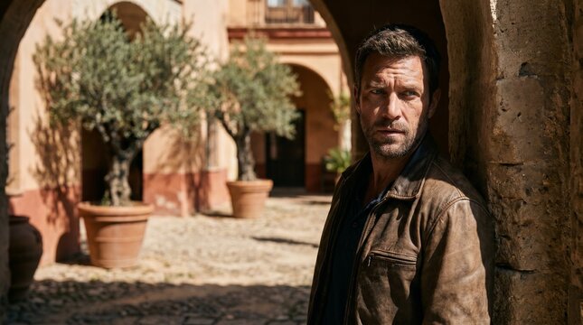 Portrait of a bearded handsome man standing in a rustic european village
