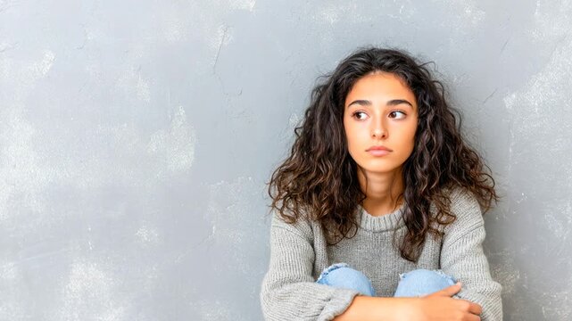 Teenager sits alone against a wall with a sad expression in a gray room Generative AI