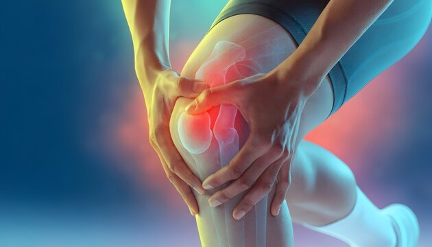 Knee pain anatomy and joint inflammation. Meniscus tear and orthopedic medical condition. Person holding a painful leg joint with red injury glow