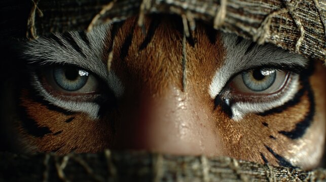 Close up of a tigers eyes peeking through foliage wildlife portrait