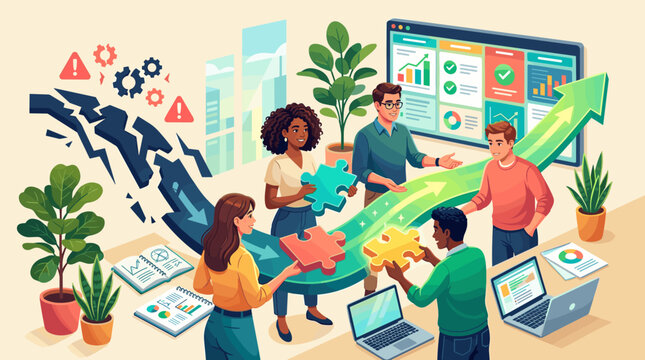 Diverse team solving business problems using puzzle pieces to fix a broken trend, turning it into a successful growth arrow. Visual metaphor for professional teamwork and strategy.