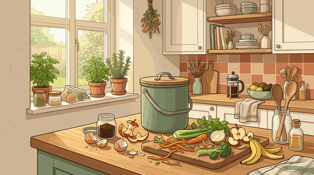 A cozy, sunlit kitchen scene featuring a green compost bin, fresh vegetable scraps, and herbs on a wooden countertop. Perfect for lifestyle, sustainable living, and cooking concepts.