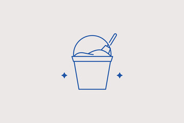 Plastic sand pail bucket with internal toy shovel line icon for family beach holiday playground, kids summer activity boutique. Cute vector illustration for childhood fun. © HenryFord