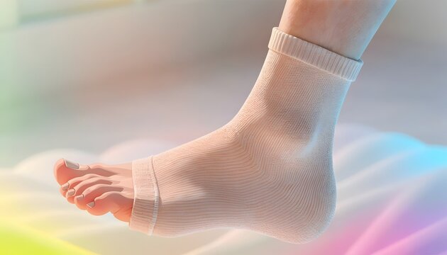 Foot compression sock and ankle support. Orthopedic brace for recovery. Person wearing a medical sleeve on a sore ankle joint for pain relief