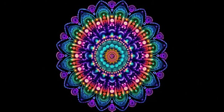Colorful symmetrical mandala design with intricate details against a dark background vector art