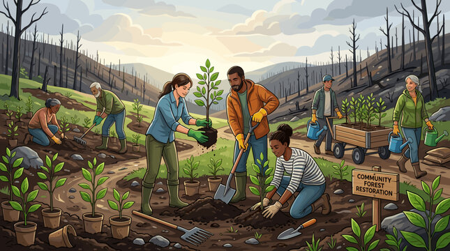 A diverse group of volunteers works together to plant saplings in a burnt forest landscape. This illustration represents teamwork, reforestation, environmental conservation, and hope.