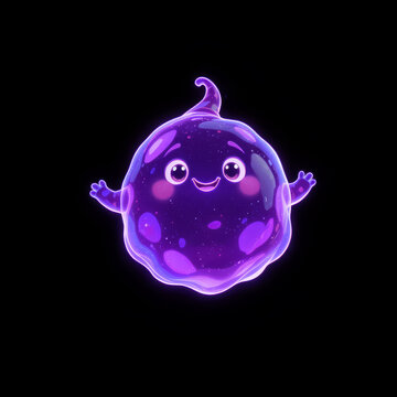 A round neon purple ghost character with textured details and tiny arms floating on a dark backdrop.