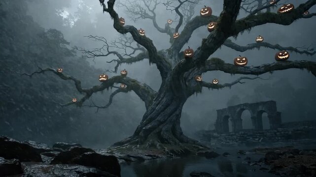 Ancient gnarled oak tree in misty graveyard with glowing pumpkins during Halloween night