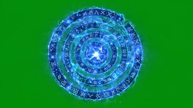 Dynamic magic spell portal with mystical runes and vibrant electric energy swirling against a green screen for fantasy visual effects.