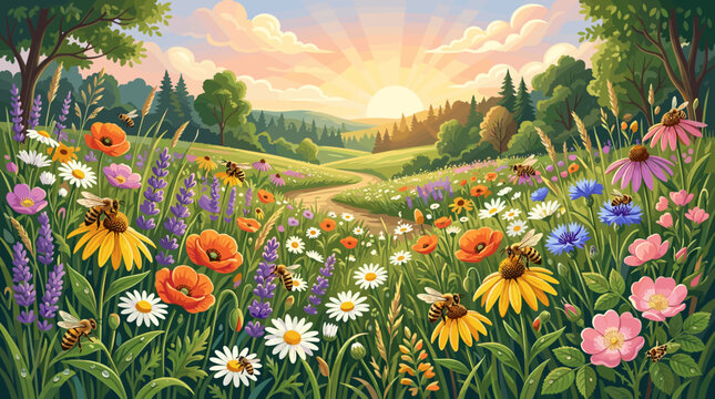 A vibrant wildflower meadow with bees buzzing among colorful blossoms at sunrise. Lush nature landscape with blooming flowers and a golden warm sky for nature and eco-friendly projects.