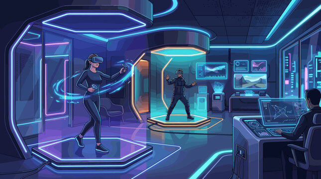 People using virtual reality headsets and simulation pods in a futuristic high-tech laboratory with neon lighting. Digital innovation and gaming concept illustration.