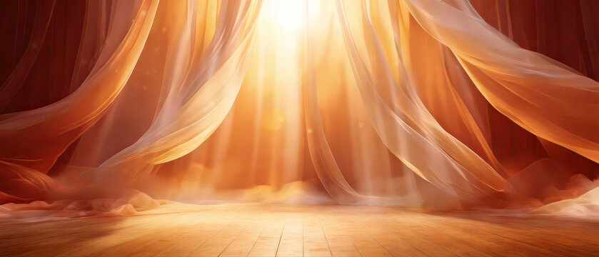 Elegant red curtains with flowing fabric and warm sunlight streaming through, revealing a wooden floor stage. Ideal as a theatrical backdrop or event scene setting with soft illumination.
