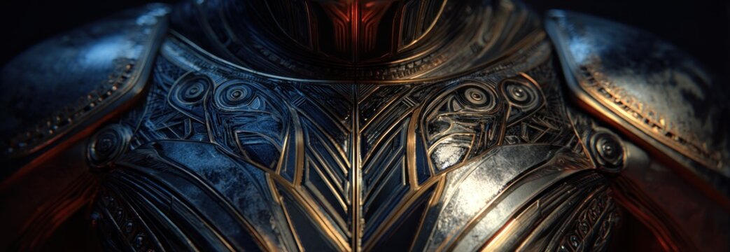 Close up of ornate armor detailing with metallic textures and decorative patterns