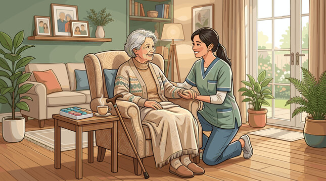 A compassionate nurse comforts an elderly woman sitting in a cozy armchair at home. Warm, supportive healthcare scene perfect for medical, assisted living, or elder care service concepts.