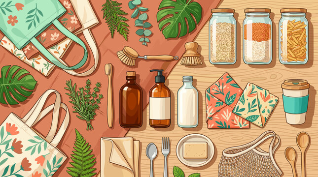 Top view illustration of sustainable, zero waste kitchen and household items. Eco-friendly products, glass jars, textile bags, and natural utensils on a wooden background. Minimalist eco concept.