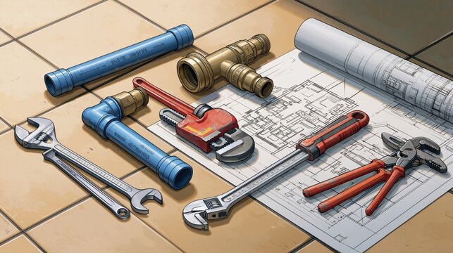 Tools for fixing pipes and home blueprints lie on tan tiles.