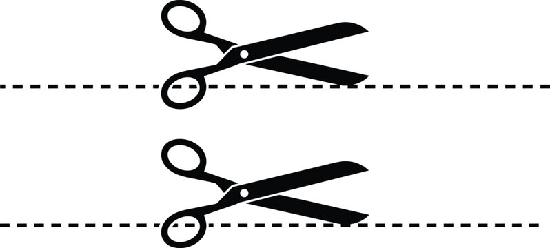 A simple black vector illustration showing a pair of scissors cutting along a dotted or dashed line, symbolizing a "cut here" instruction, coupon, or official document separation point.