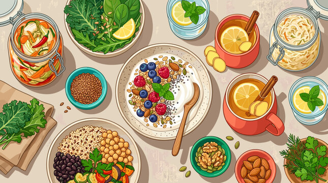 Top view illustration of healthy balanced diet, featuring yogurt bowl, fresh salads, fermented foods, tea, and nuts. Perfect for nutrition, wellness, and clean eating lifestyle projects.