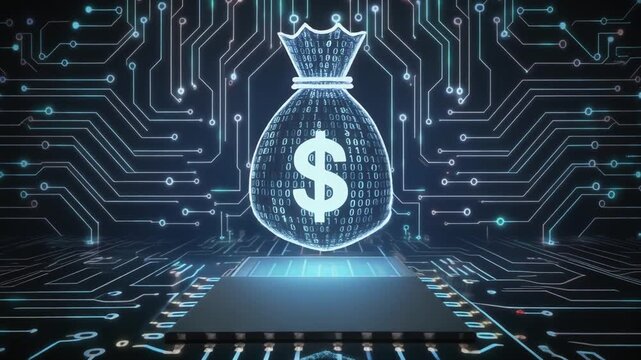A glowing holographic money bag with a dollar sign above a microchip, symbolizing digital finance, cryptocurrency, and the fusion of technology with economic value.