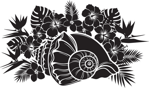 Black and white of a seashell surrounded by tropical leaves