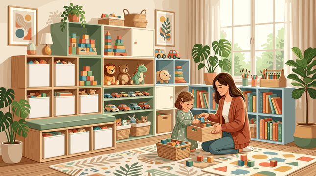 A mother and her young daughter playing with wooden blocks in a tidy, sunny nursery. A heartwarming scene of early childhood education, family bonding, and home lifestyle.