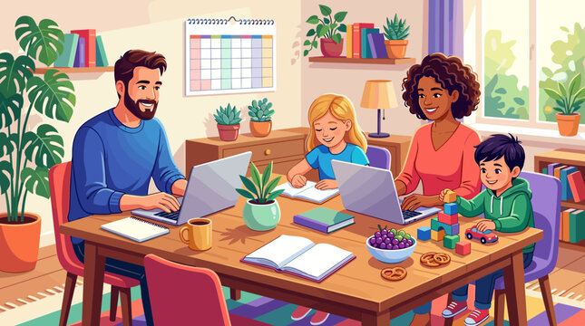 Diverse parents working on laptops while children study and play at a cozy home table. A warm, productive atmosphere for remote work, education, and family lifestyle concepts.