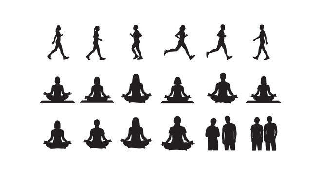 People in various poses showing yoga meditation running walking and standing in silhouette style for fitness and wellness.