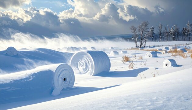 Winter Landscape with Snow Rolls and Dramatic Clouds.