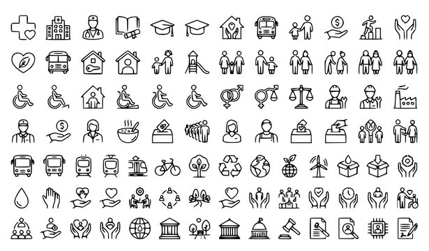 Social Policy Linear Icons Collection with Public Services and Community Development Symbols