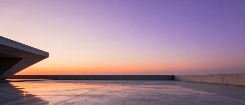A serene scene of a modern structure at sunset with a beautiful sky and water reflection, showcasing minimalist design.