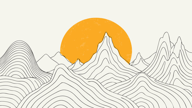 Minimalist mountain landscape black line art textured sun vector illustration