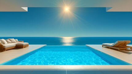 Fototapeta premium Stunning Seaside Terrace Overlooking Turquoise Water and Bright Sunlight