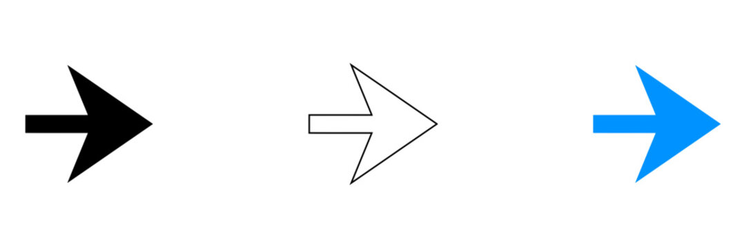Three right pointing arrows in different colors and styles