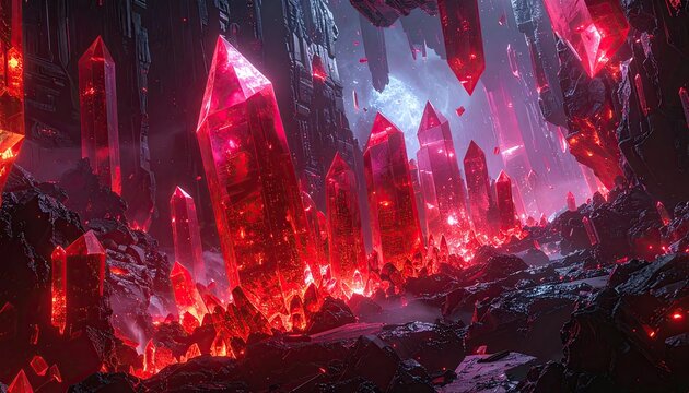 Enchanting Crystal Cave with Glowing Red and Blue Luminescence.