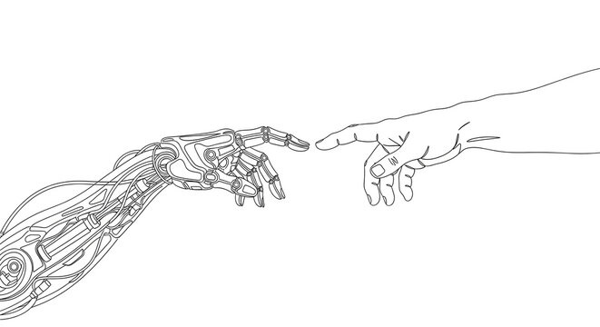 Line art illustration of a robotic hand reaching toward a human hand