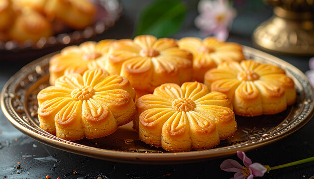 Elegant Flower Shaped Golden Pastries on Decorative Plate