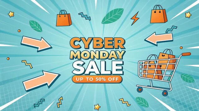 Cyber Monday Sale with shopping cart and leaf elements during a bright promotional event