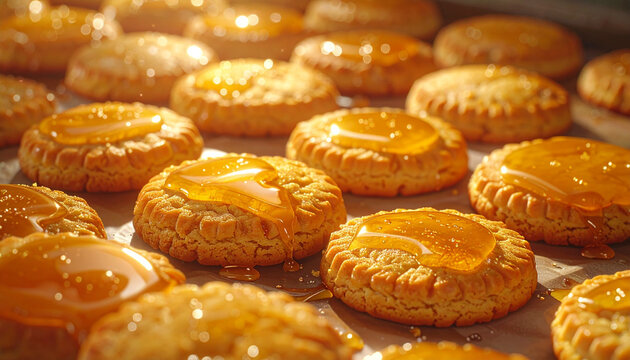 Golden Honey Glazed Cookies on Baking Sheet with Warm Lighting