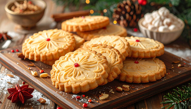 Festive butter cookies with red jam on wooden board