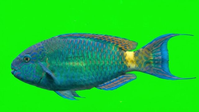 Fish Video of one Calotomus carolinus are swimming on the green screen background