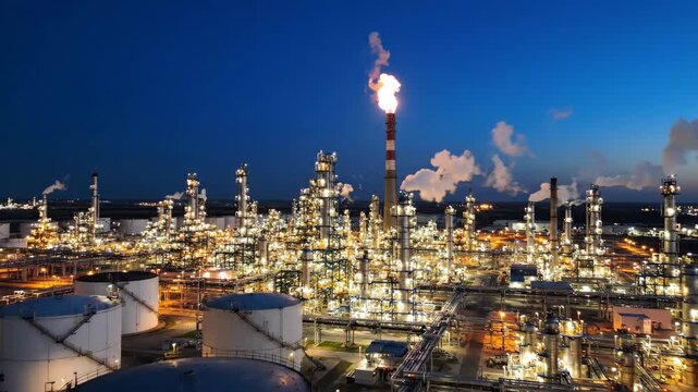 Oil refinery industrial plant night illuminated smoke storage tank energy petrochemical factory flame pollution infrastructure engineering fuel sky, showcasing energy production and illuminated