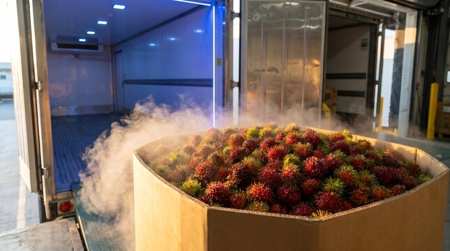 Smart cold chain logistics with fresh rambutans. Large cardboard container filled with ripe exotic rambutan fruits near open refrigerated delivery truck trailer with mist at warehouse loading dock