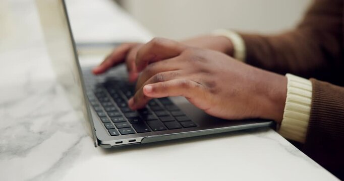 Man, hands and typing in house with laptop, remote work and research online trends for blog post. Person, browsing and freelance writer in home with computer, draft proposal and article for website.