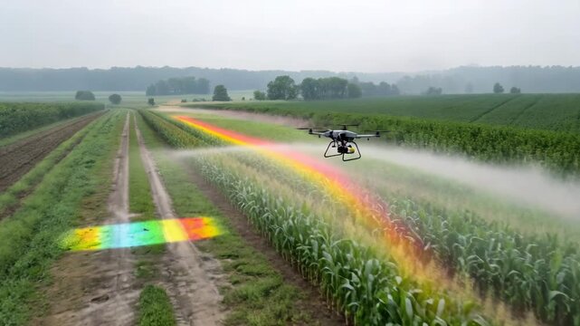 Drone spraying crops with fertilizer over a green field during sunrise with misty atmosphere